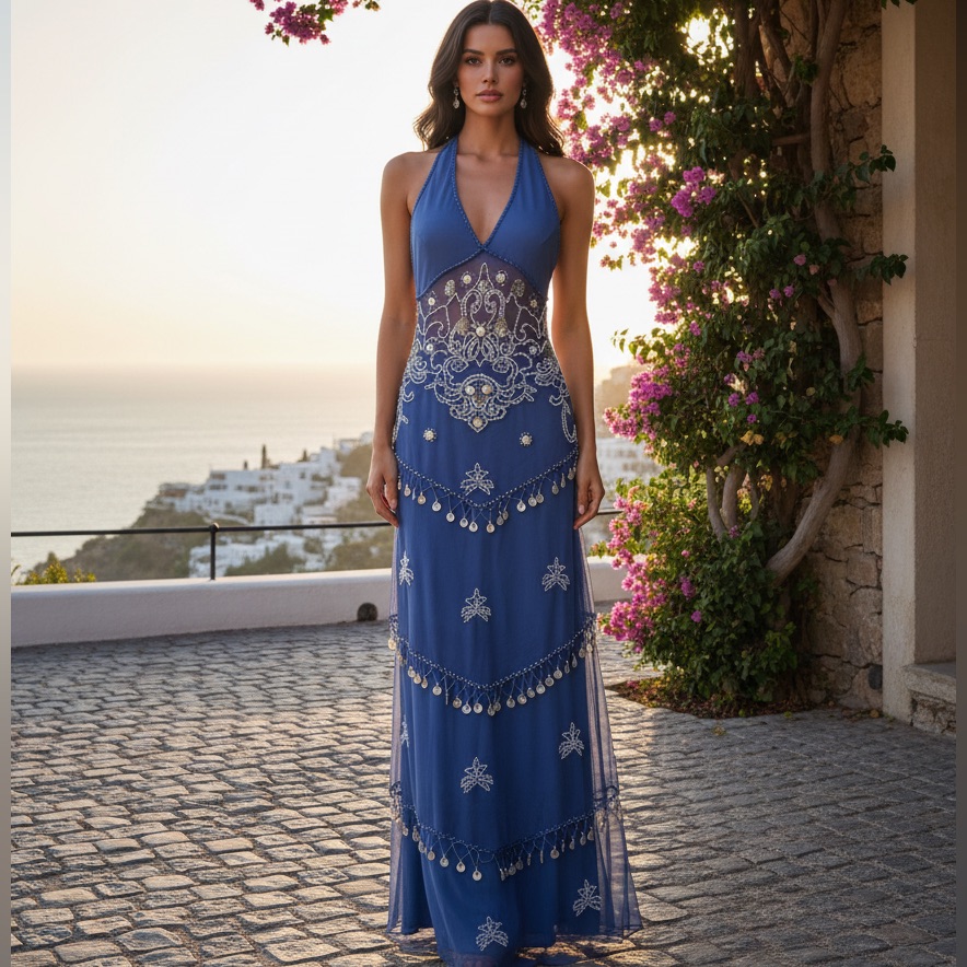 Elegant Saphire Blue Hand Beaded Attitudes By Debra Halter Maxi Dress W/Shells